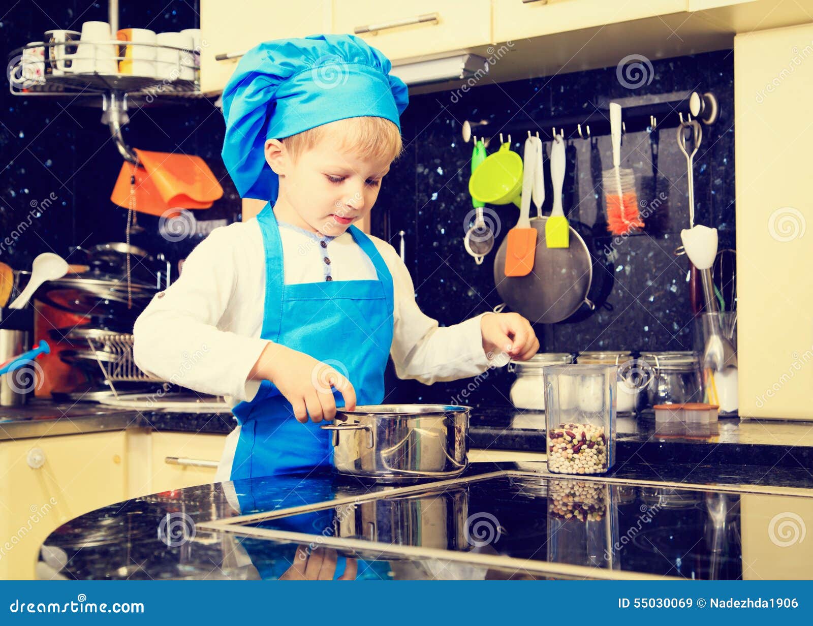 Little Boy Cooking in Kitchen Interior Stock Image Image of positive