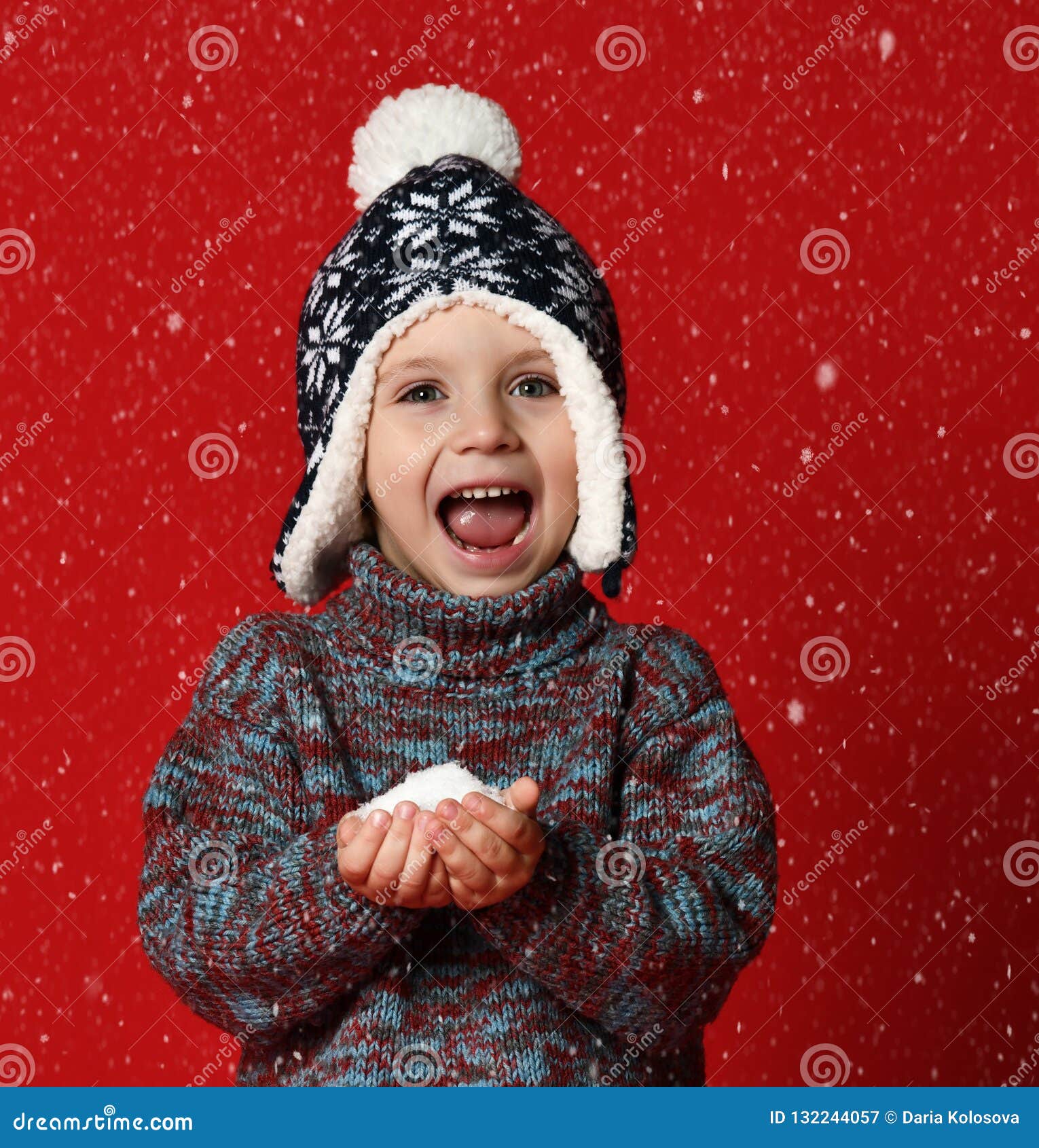 Winter Portrait of Cute Little Boy Wearing Warm Cozy Clothes Studio ...