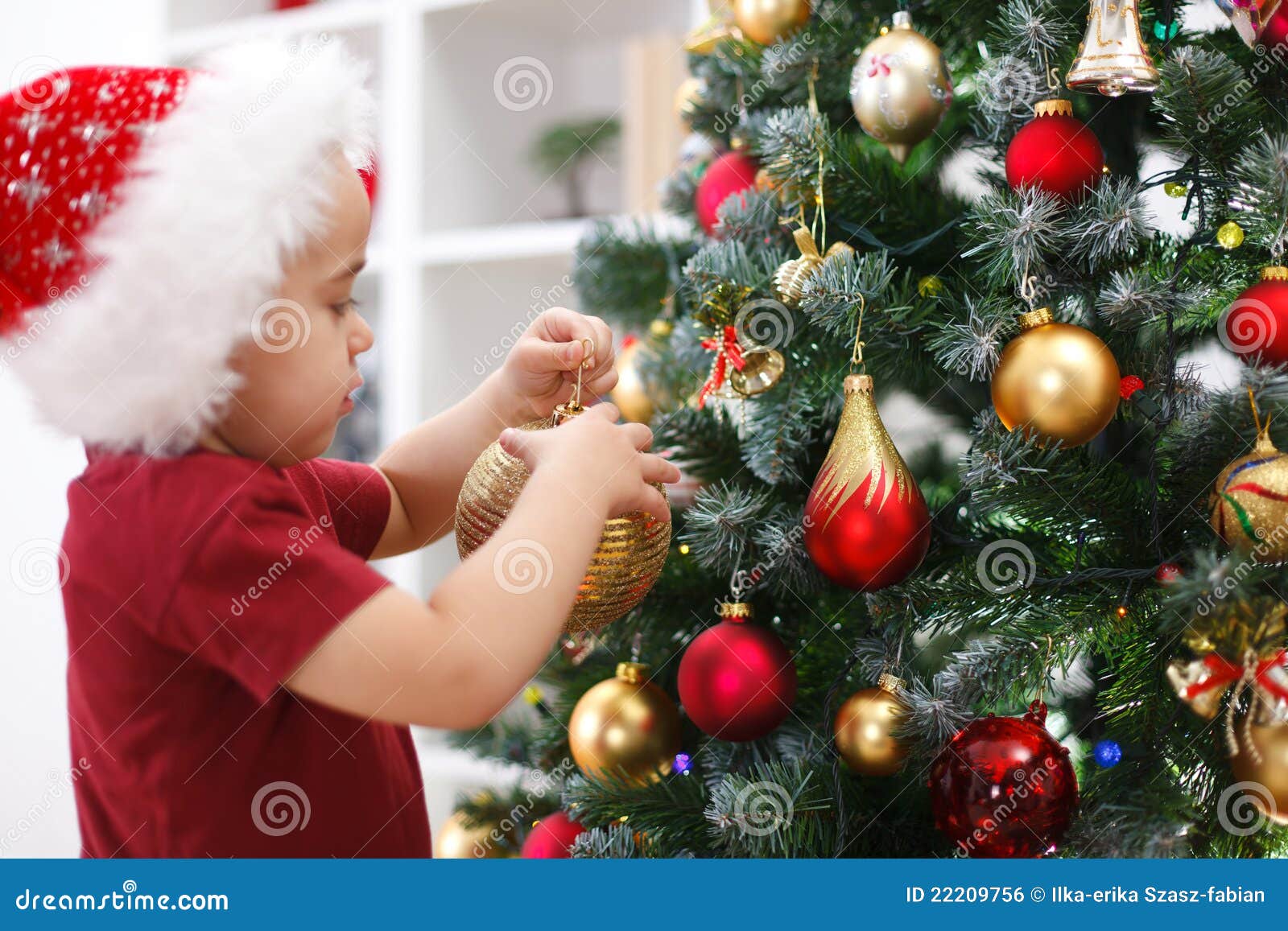 Little Boy Decorating Christmas Tree Stock Photo Image of santa, xmas 22209756