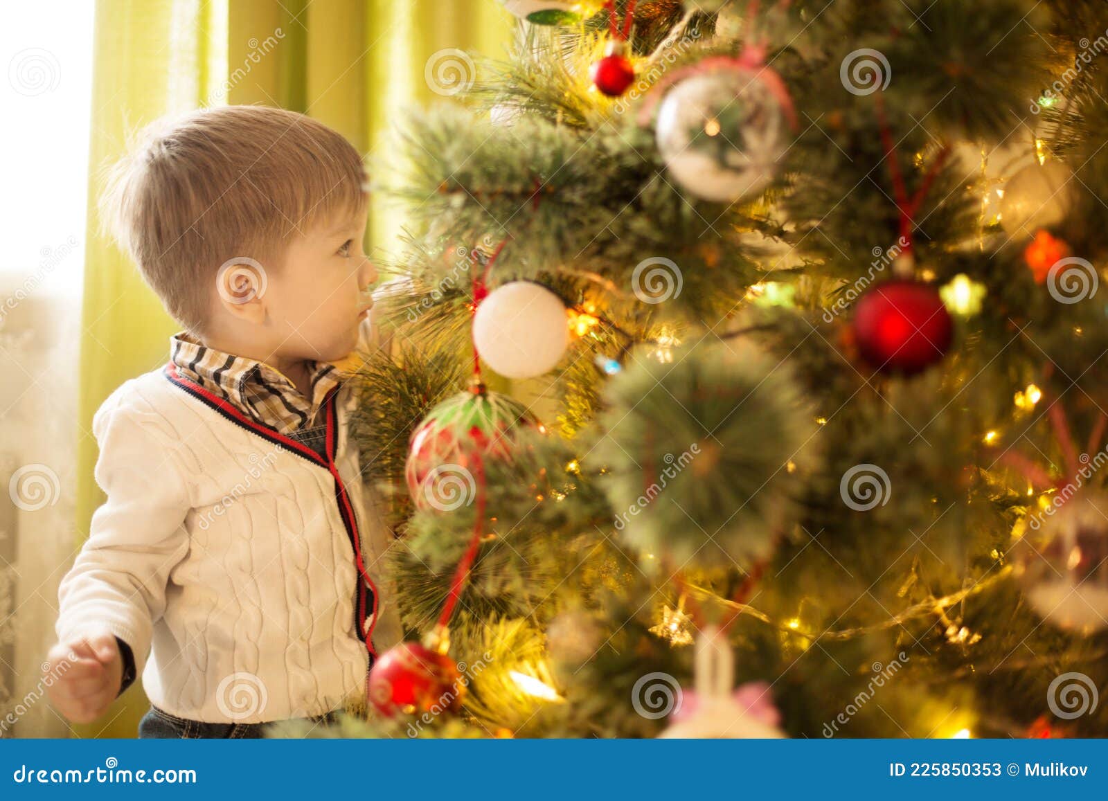 Little Boy Decorating Christmas Tree at Home Stock Image Image of