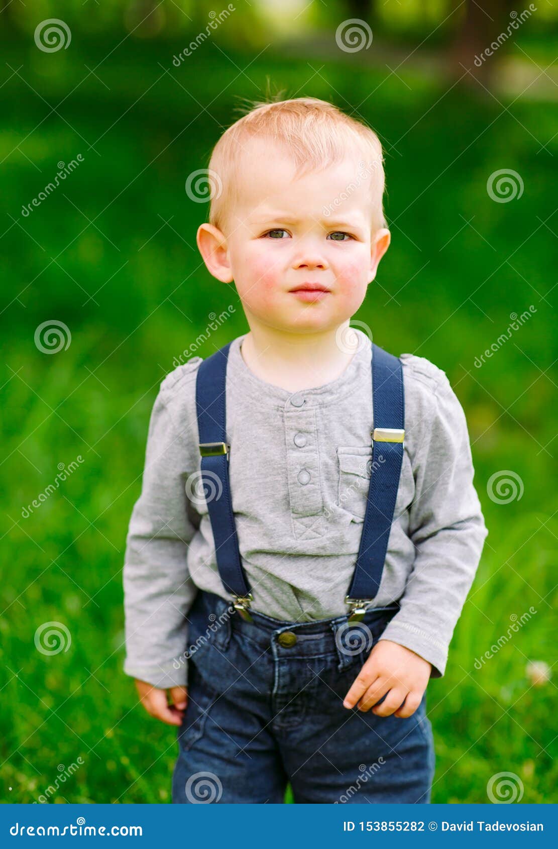 Little Boy in Denim Overalls in the Park. Stock Photo Image of kids, childhood 153855282