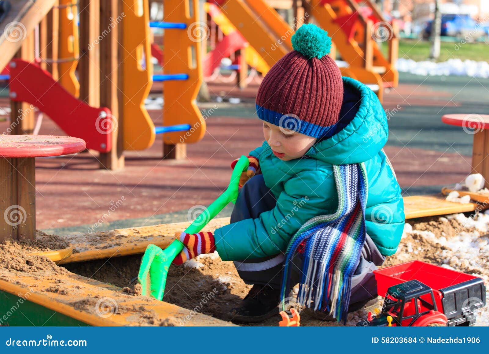 Little Boy Digging in Playground Outdoors Stock Photo Image of winter