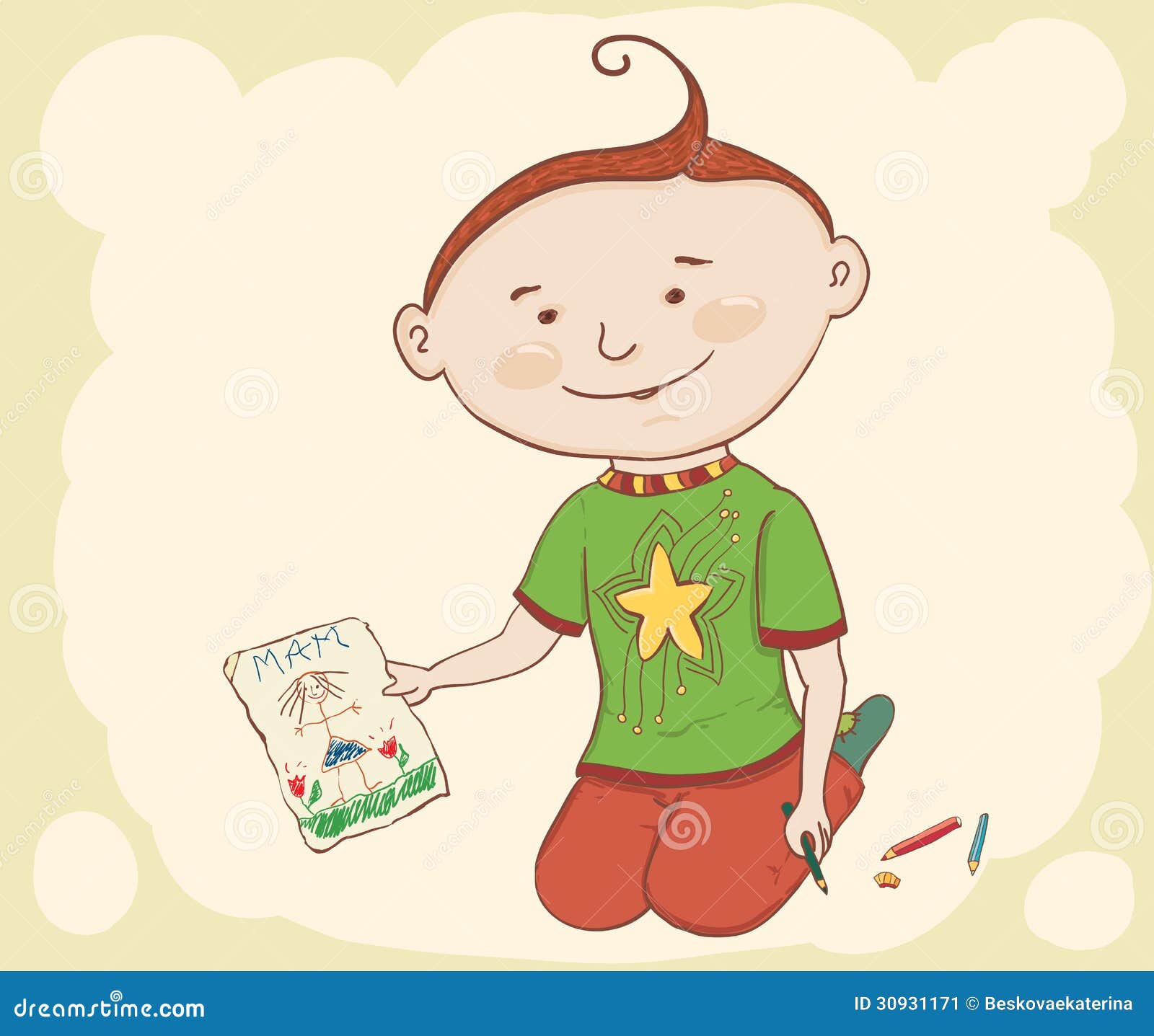 Little boy with drawing stock vector. Illustration of child - 30931171