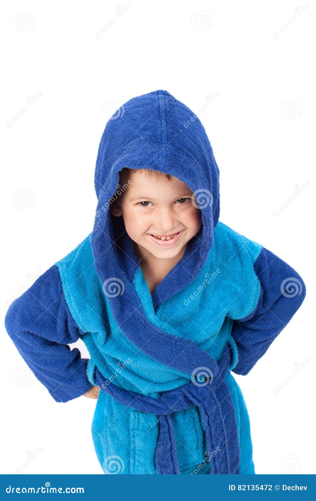 Little Boy Dressing Blue Bathrobe, Smiling, Isolated on White Stock