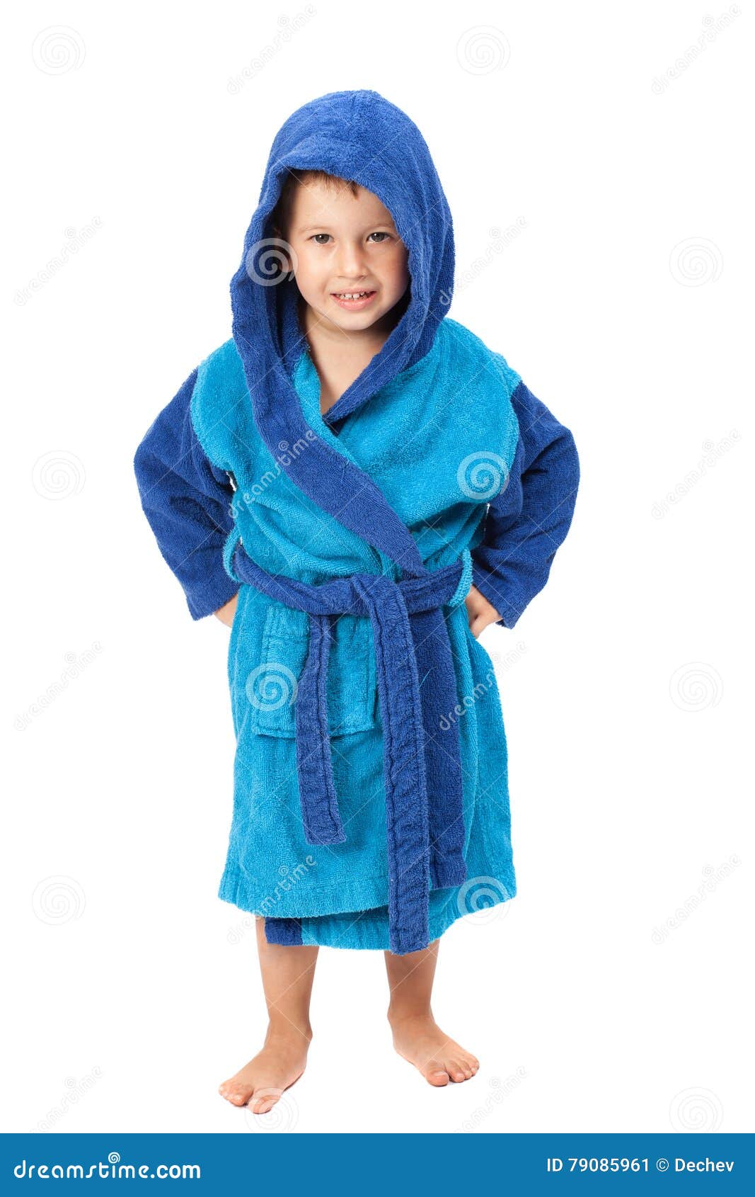 Little Boy Dressing Blue Bathrobe, Smiling, Isolated on White Stock