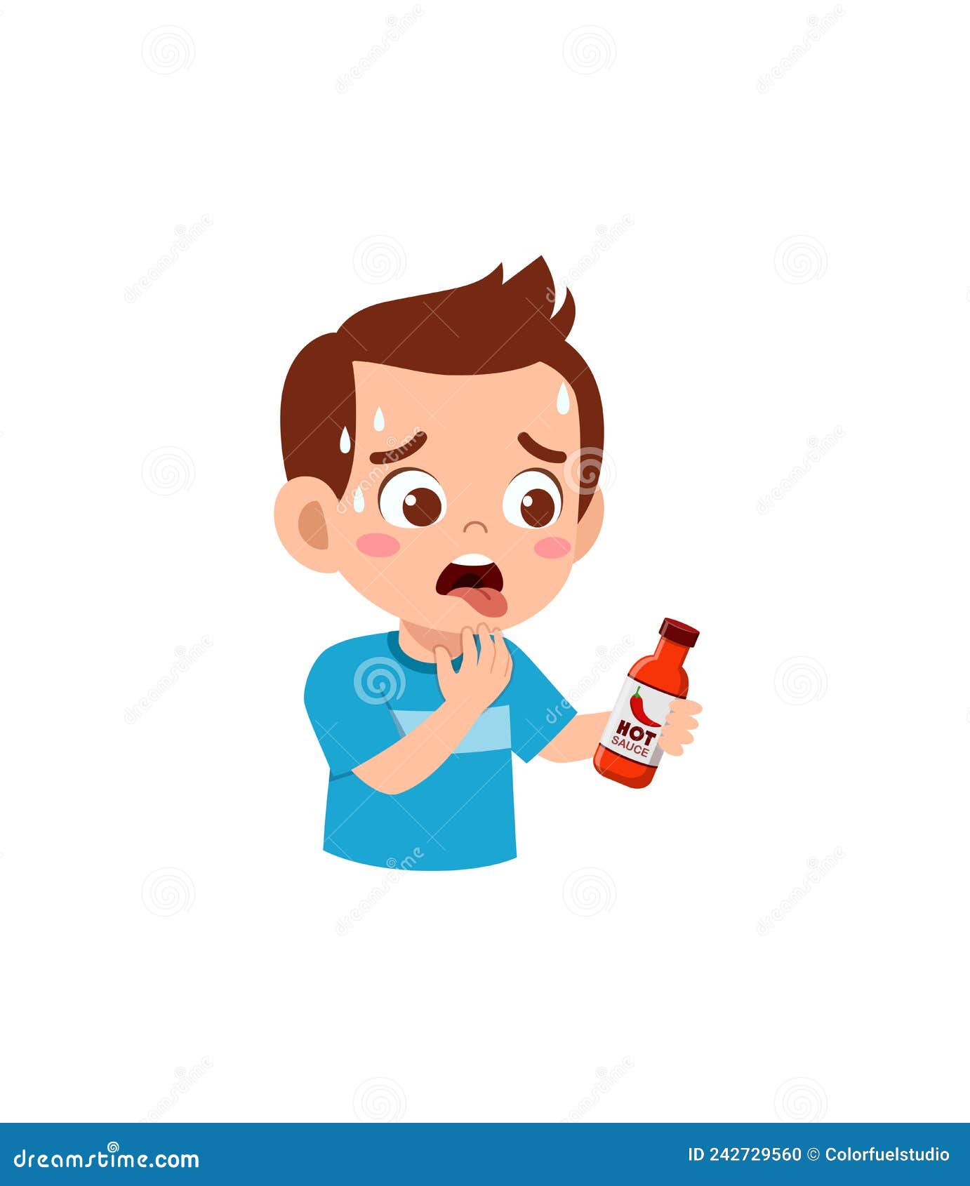 Little Boy Eat Hot Sauce and Not Feeling Well Stock Vector