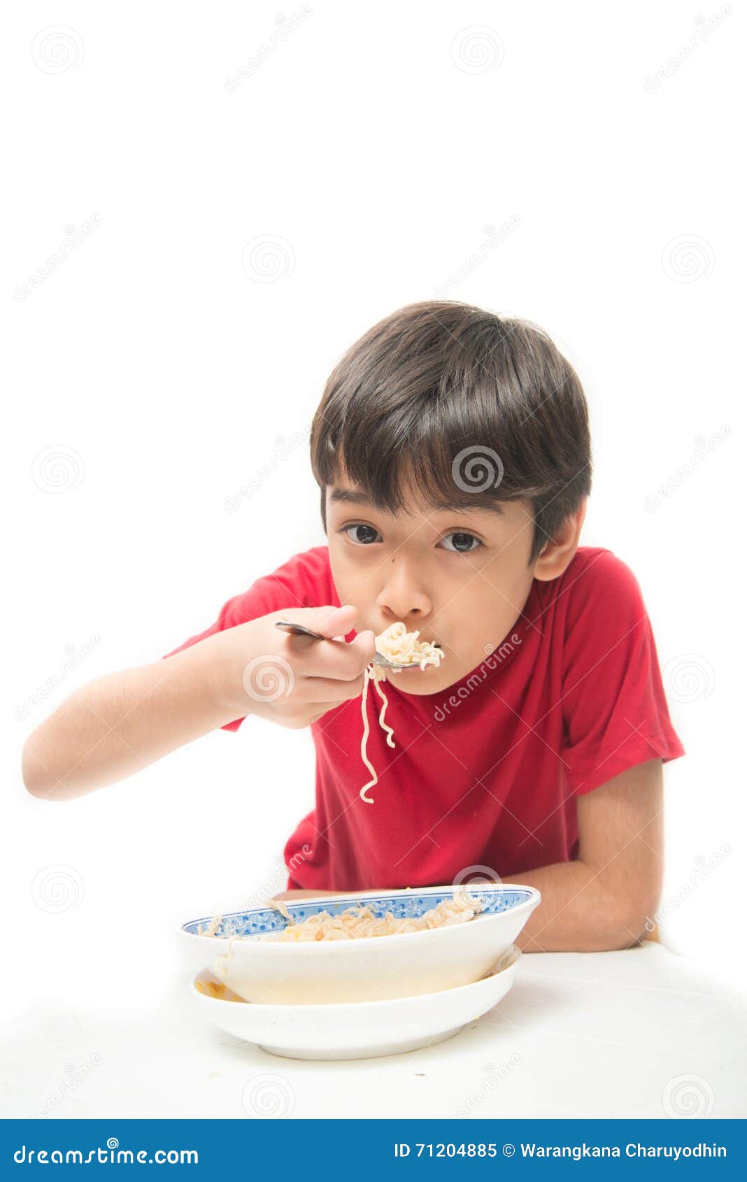 Little Boy Eating Instant Noodle on White Background Stock Image ...