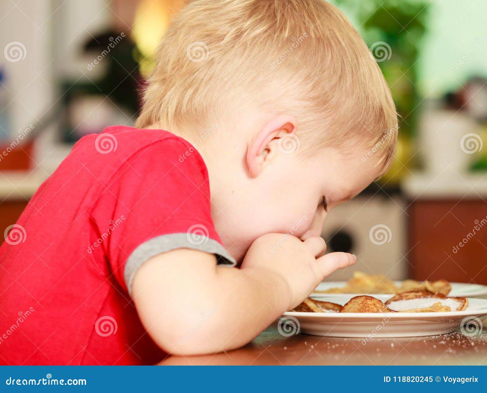 Little Boy Eating Pancakes For Breaktfast Stock Image Image Of Child