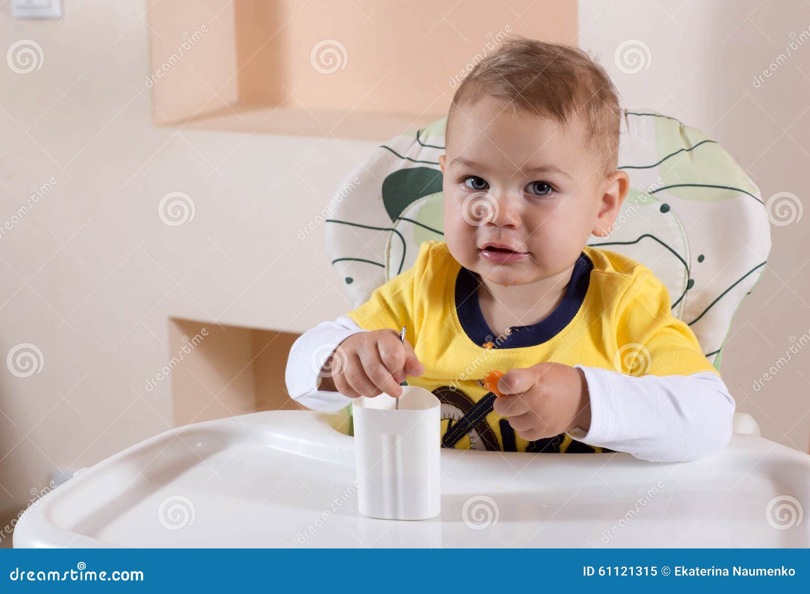 Little Boy is Eating Yogurt for Breakfast Stock Image Image of