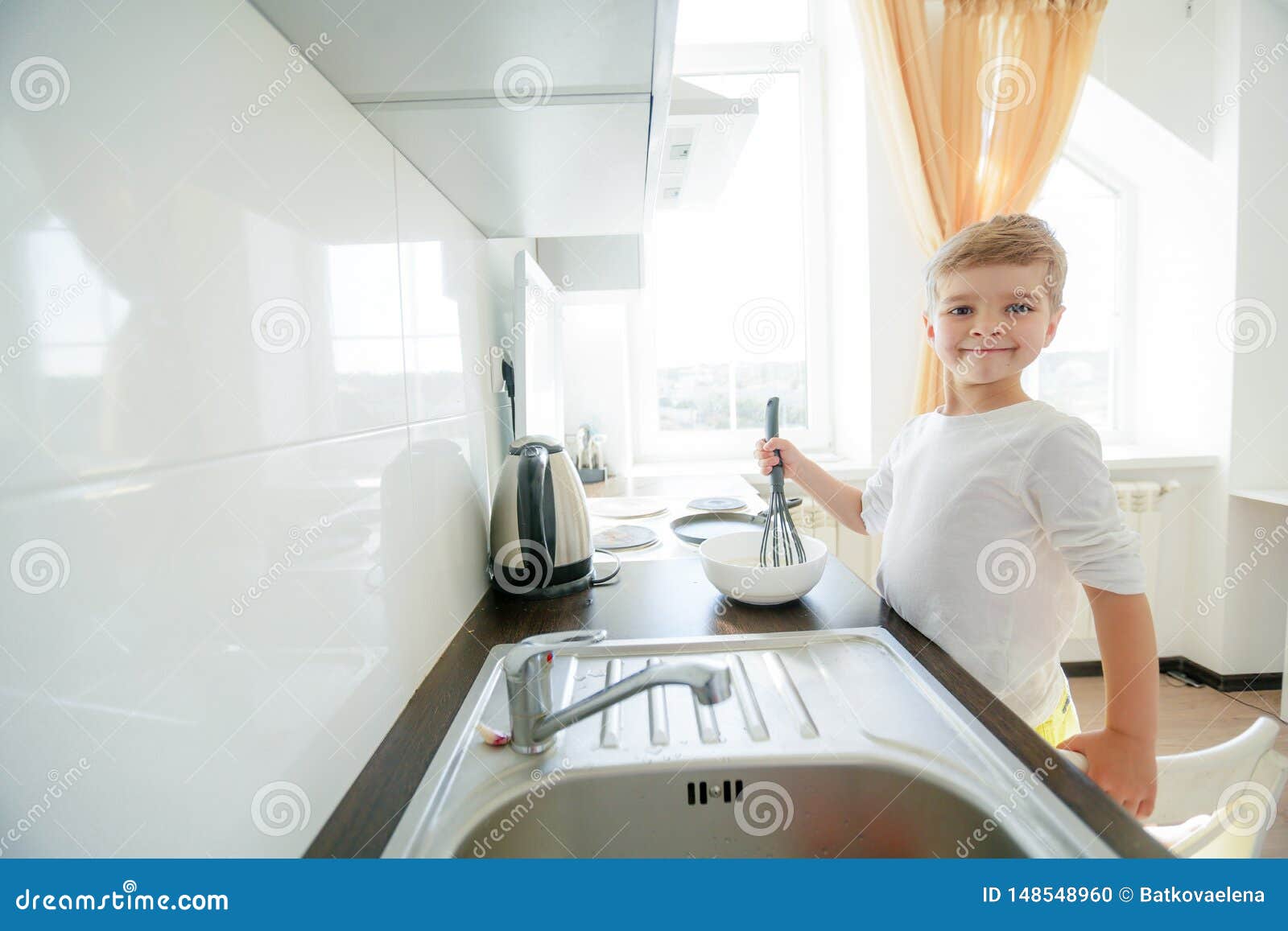 Little Boy Enjoy Cooking in Kitchen Interior Stock Photo Image of