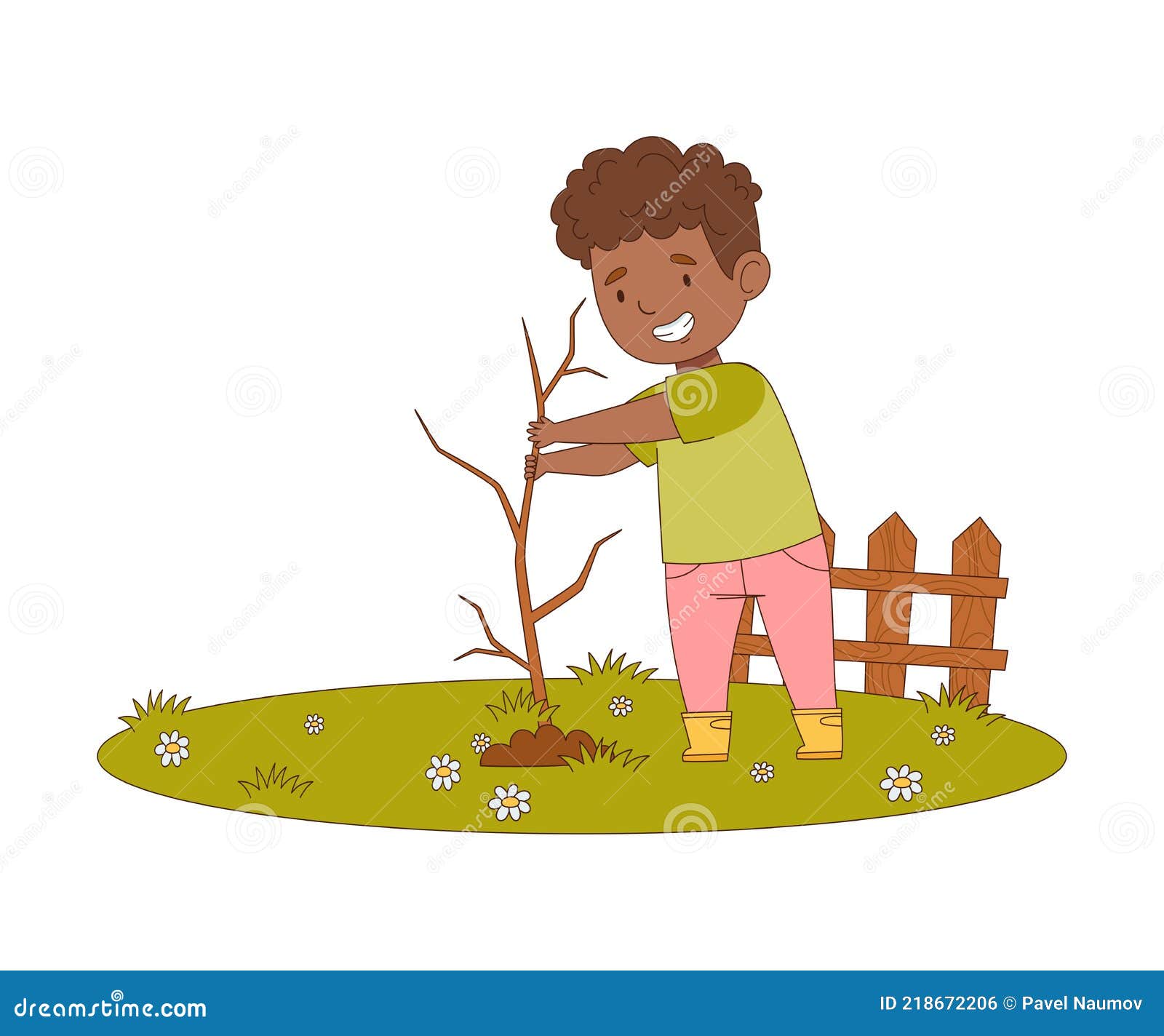 Little Boy Enjoying Spring Season Planting Tree in the Yard Vector ...