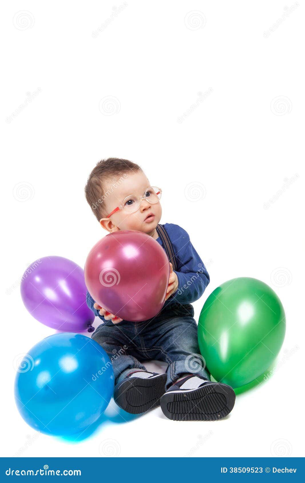 Little Boy with Eyeglasses Playing with Colorful Balloons Stock Image ...