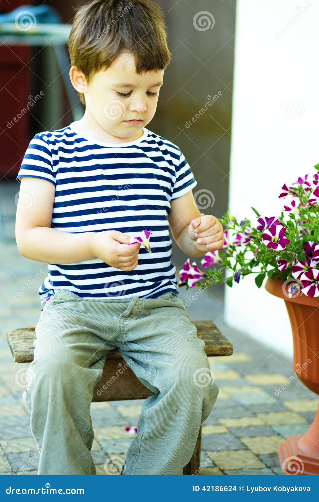 Little boy with flowers stock photo. Image of human, expression 42186624