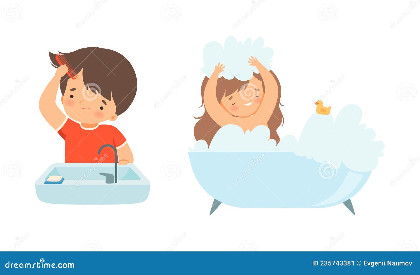 Little Boy and Girl Bathing in Bathtub with Foam and Combing Hair ...