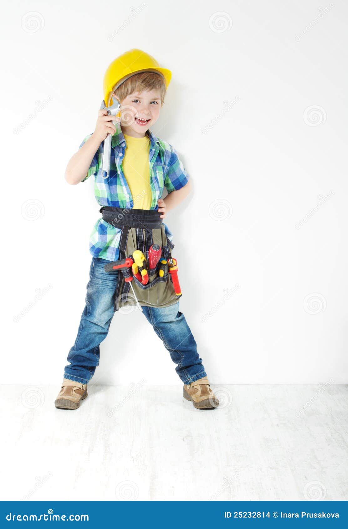 Little Boy Handyman with Helmet and Tool Belt Stock Photo Image of