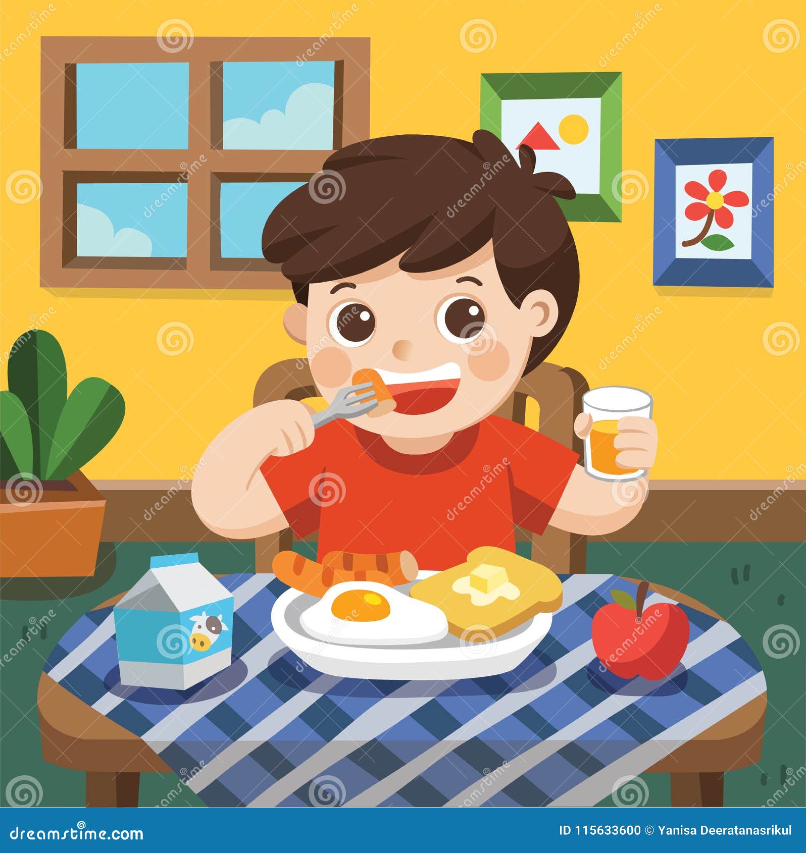 a little boy happy to eat breakfast.