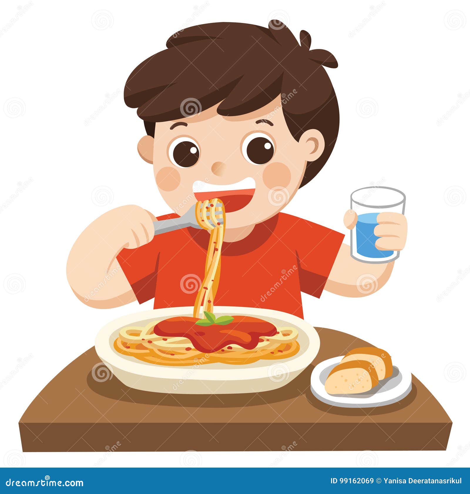 a little boy happy to eat spaghetti.