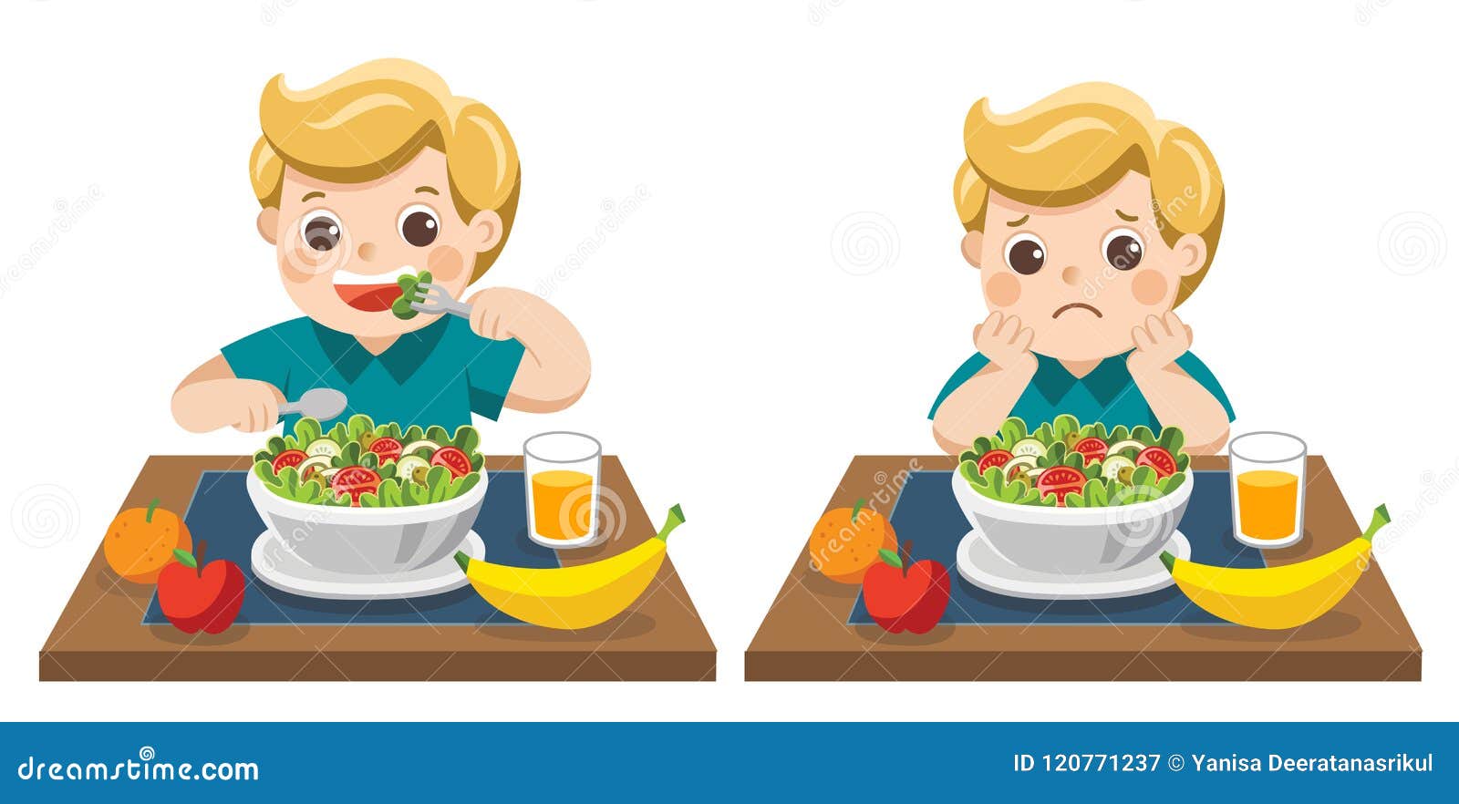 little boy happy and unhappy to eat salads.