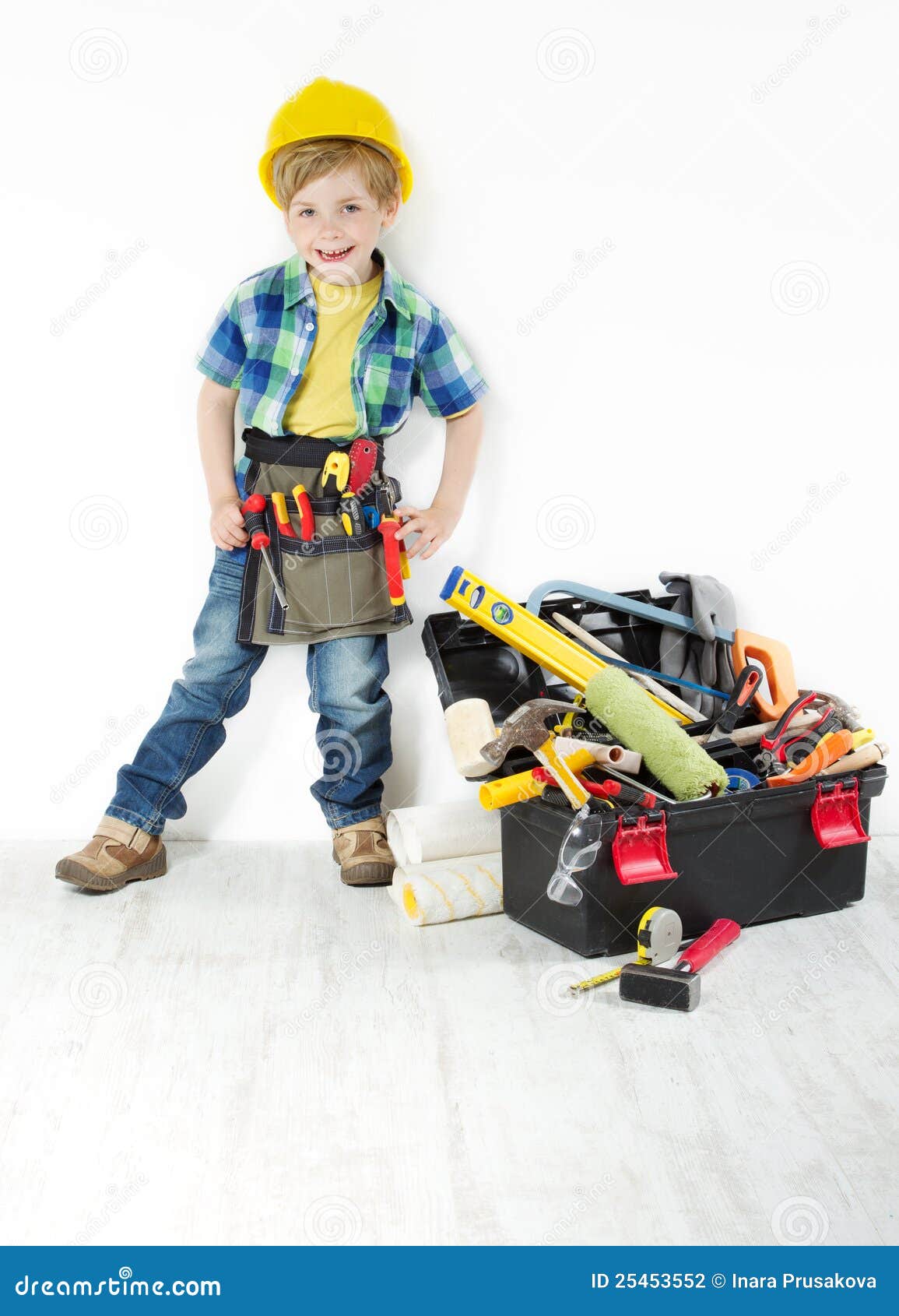 Little Boy in Hard Hat Tools Belt and Box Stock Photo Image of case