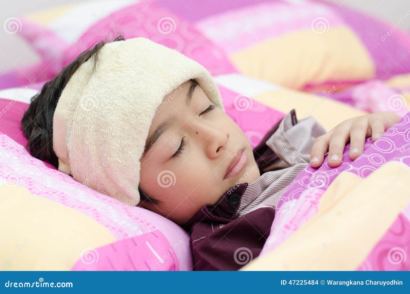 Little Boy Has Fever with Towel on Head Stock Photo Image of