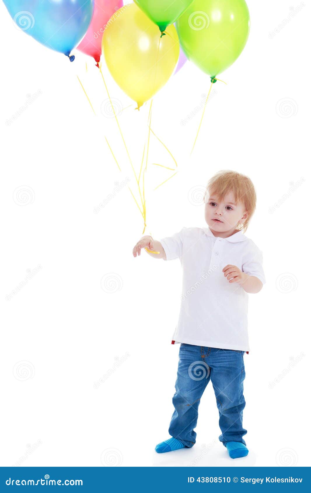 Little Boy Holding Balloons On A White Background. Stock Photo - Image ...