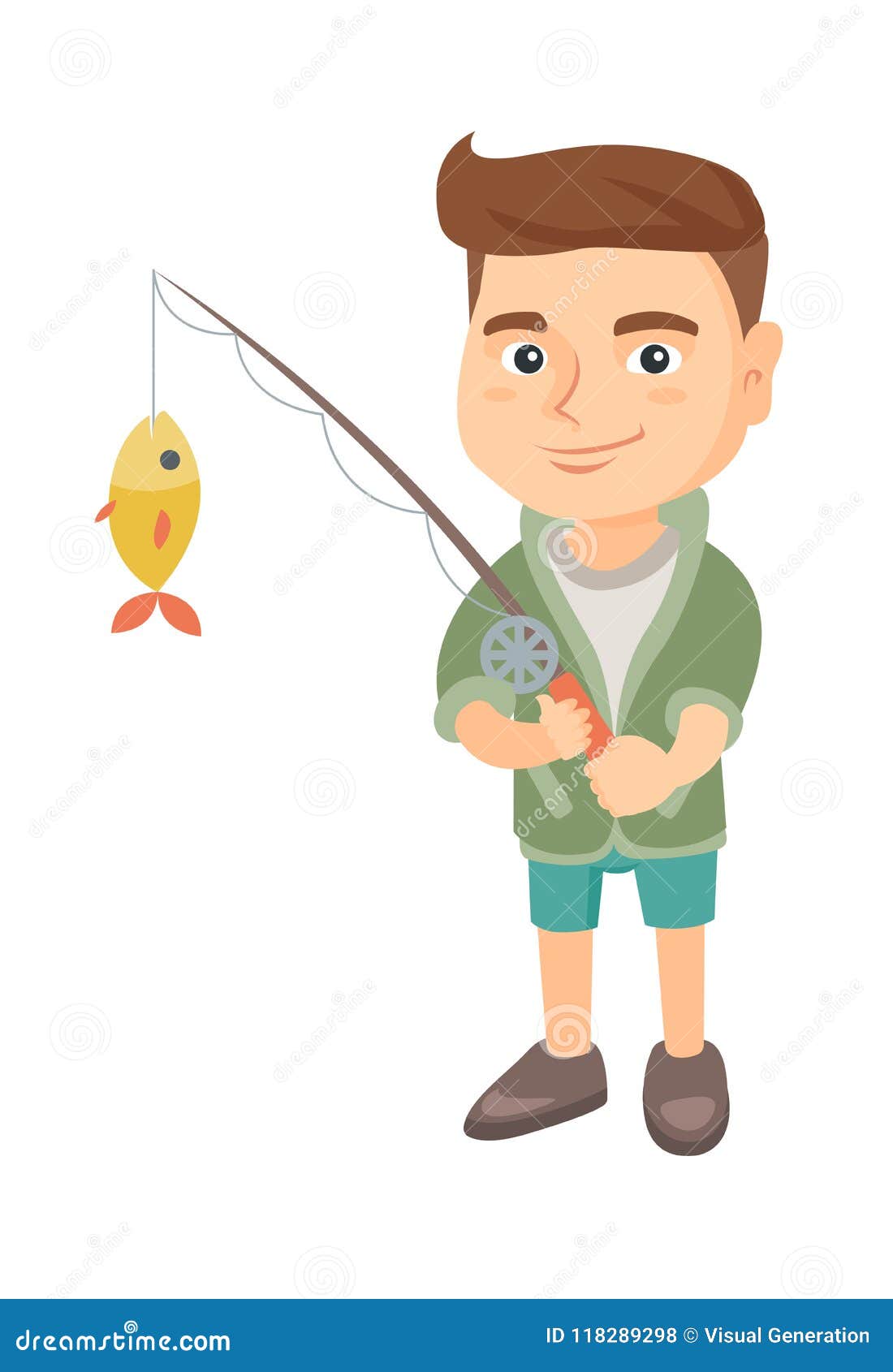 Little Boy Holding Fishing Rod with Fish on Hook. Stock Vector -  Illustration of fishing, male: 118289298