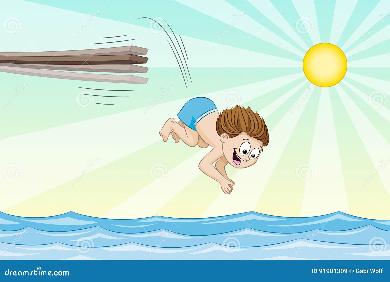 Little Boy is Jumping from a Jumpboard into the Water Stock Vector