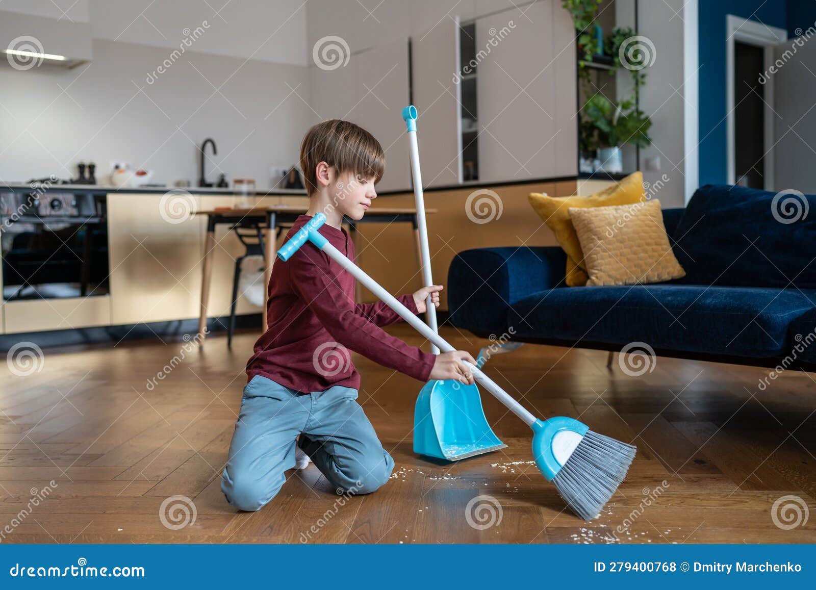 Little Boy Kid Doing daily Regular Household Chores Sweeping Floor in ...