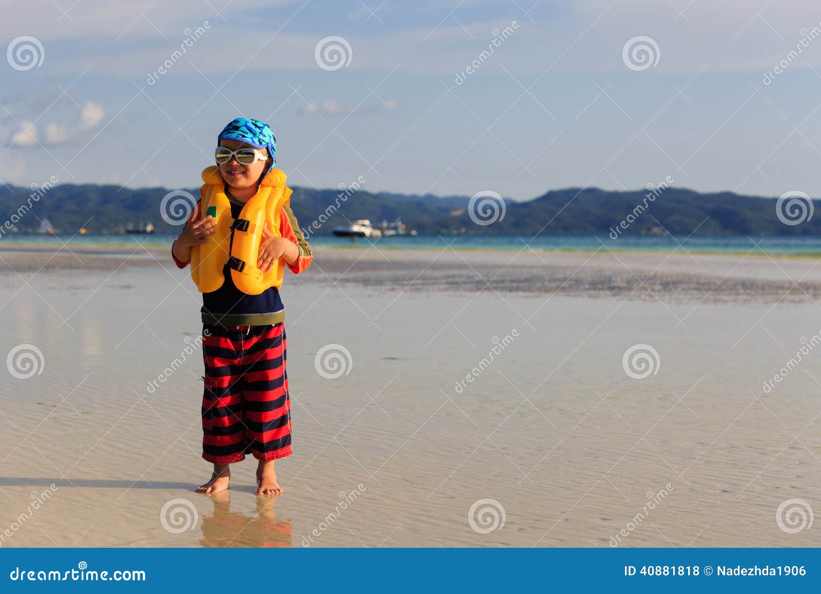 Little Boy in Life Jacket on the Beach Stock Photo Image of happiness