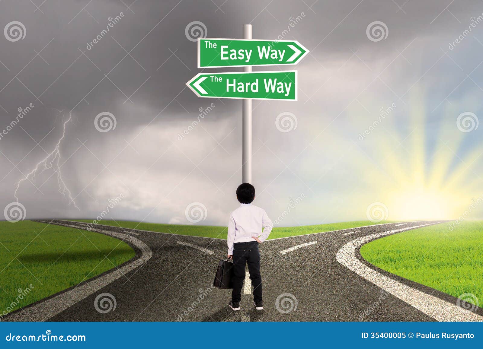 little boy looking at sign of easy vs hard way