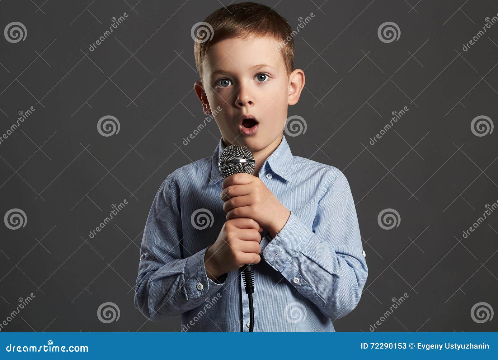 Little Boy with Microphone. Funny Child are Singing Stock Image Image