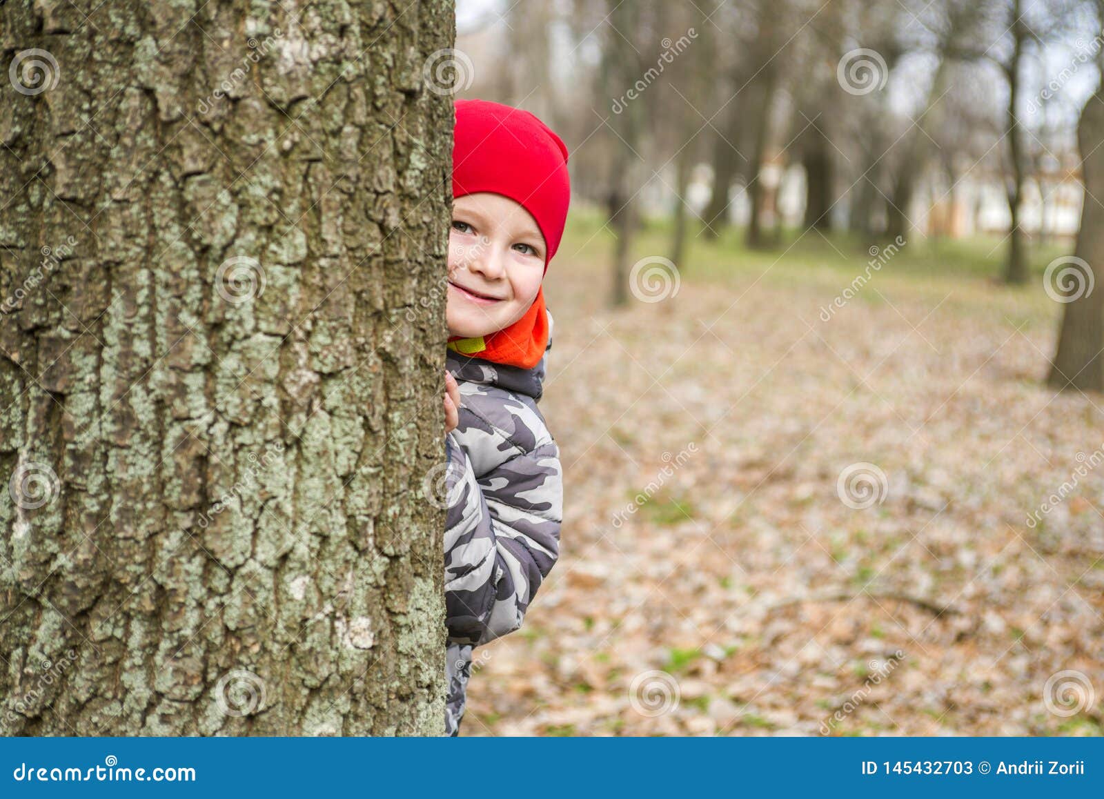 Little Boy is Playing Hide and Seek Outdoors. Little Boy Hiding Behind