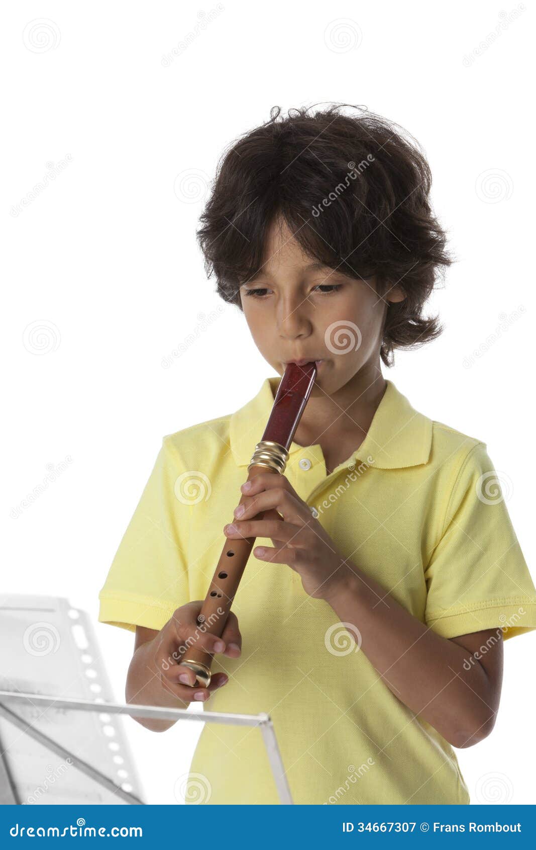 Little Boy is Playing the Recorder Stock Image - Image of notation