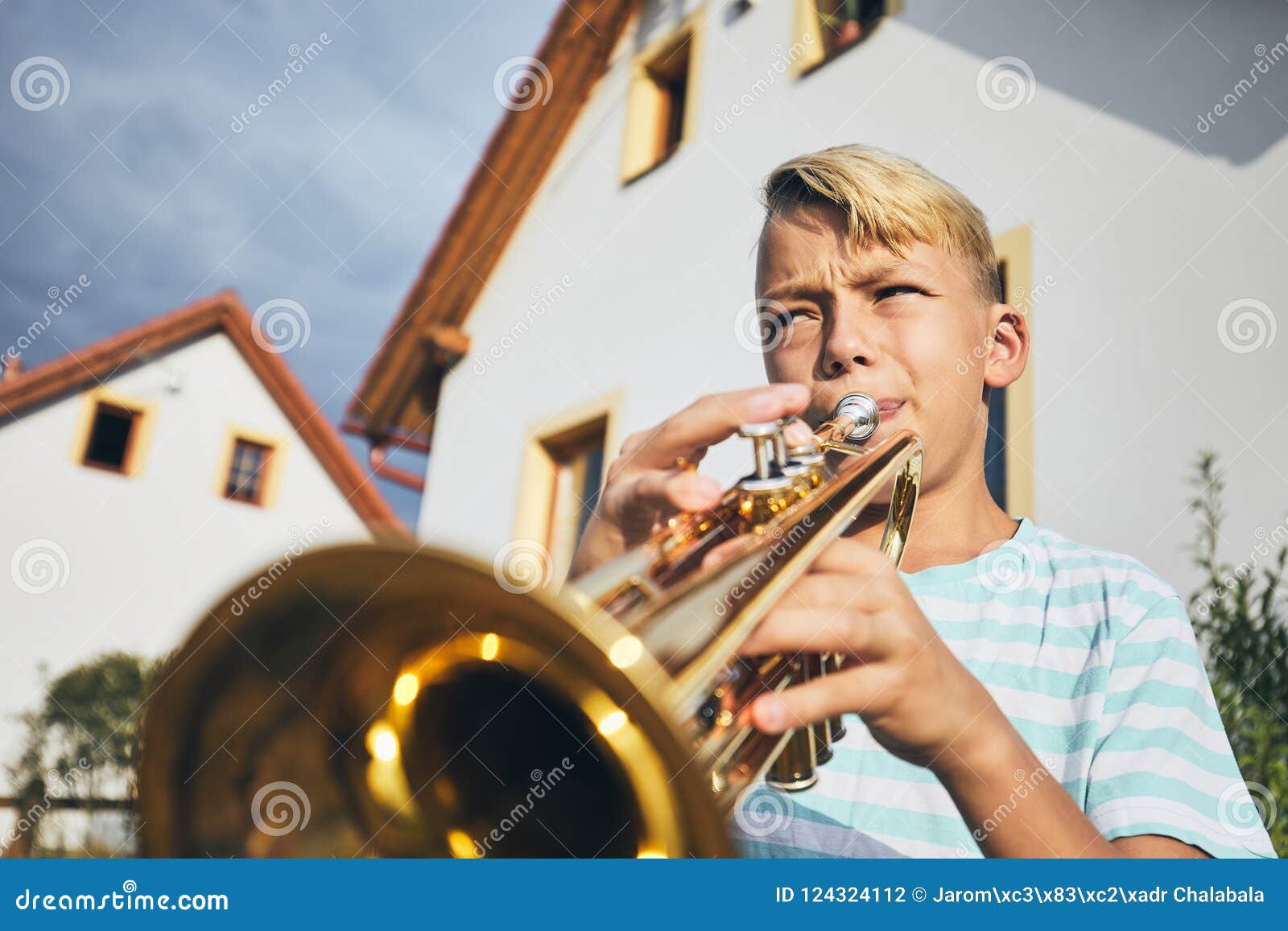 Little Boy Playing the Trumpet Stock Photo Image of development