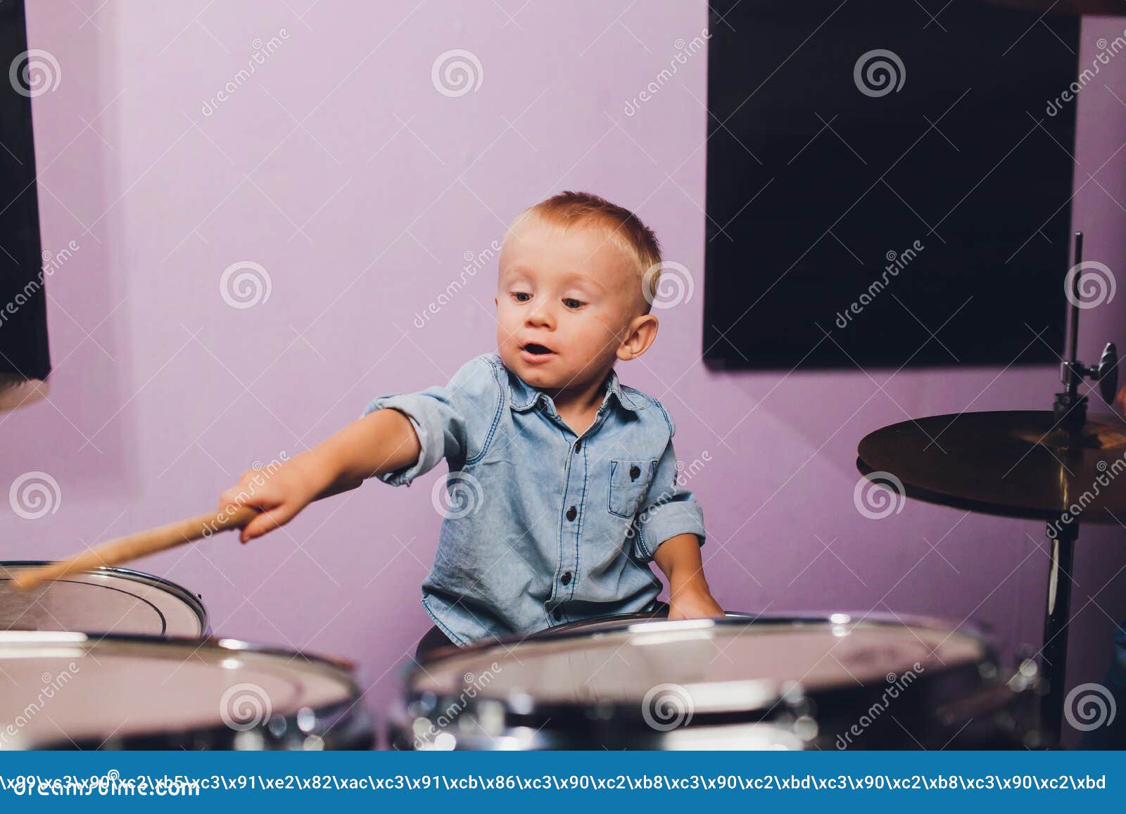 Little Boy Plays Drums in Recording Studio. Stock Photo Image of caucasian, musician 166891886