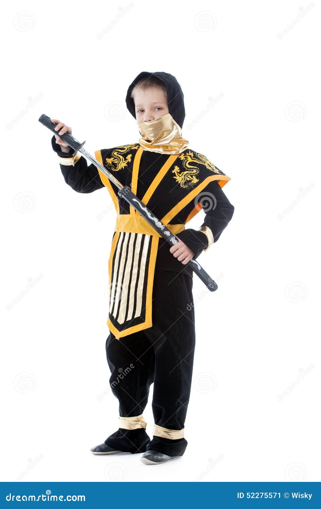 Little Boy Posing in Ninja Costume with Katana Stock Image Image of