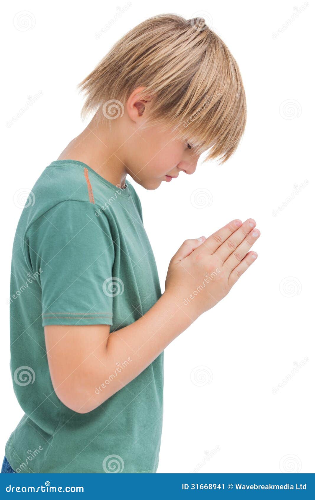 Little Boy Praying With Bowed Head Stock Image Image of short, tshirt 31668941