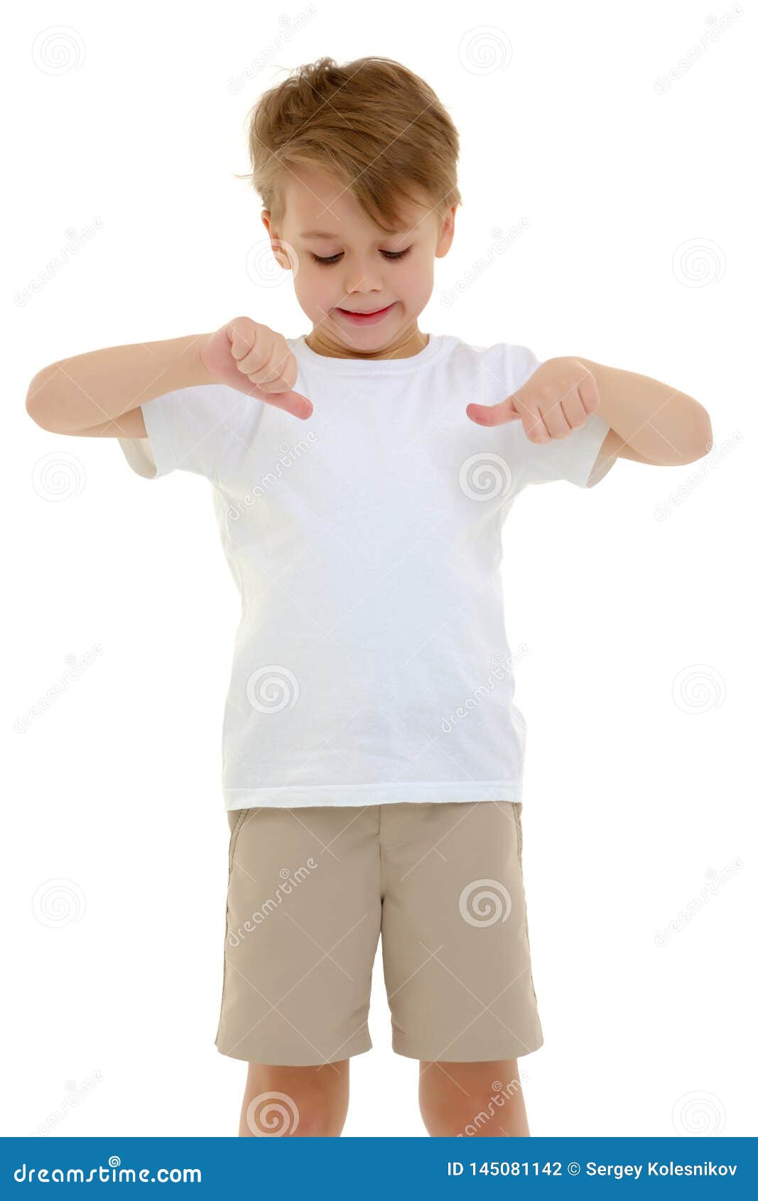 A Little Boy In A Pure White T-shirt Points His Fingers At Her. Stock ...