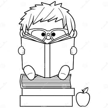 Little Boy Reading Books. Vector Black and White Coloring Page. Stock ...