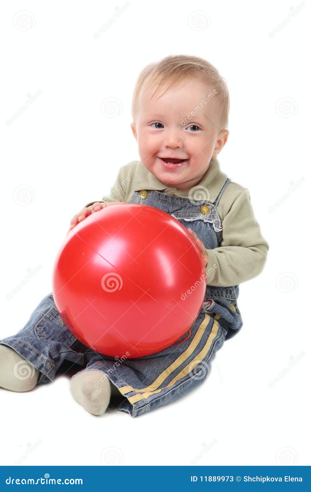 Little boy with red ball. stock image. Image of overalls 11889973