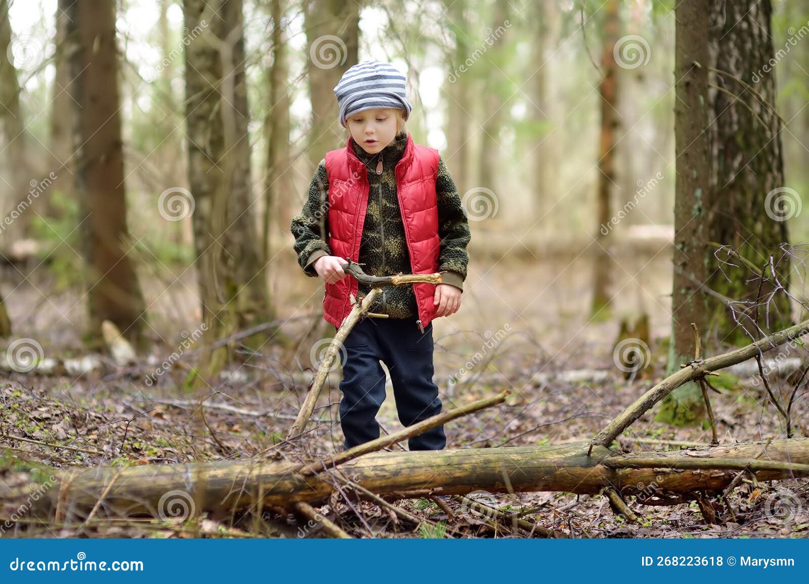 Little Boy in Red Vest is Playing with Big Branch and Having Fun in ...