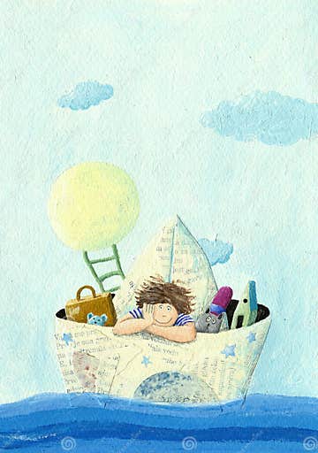 Little Boy Sailing in a Paper Boat Stock Illustration - Illustration of ...