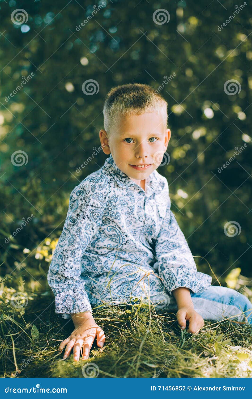 Little Boy in Shirt and Jeans Stock Photo Image of garden, climbing