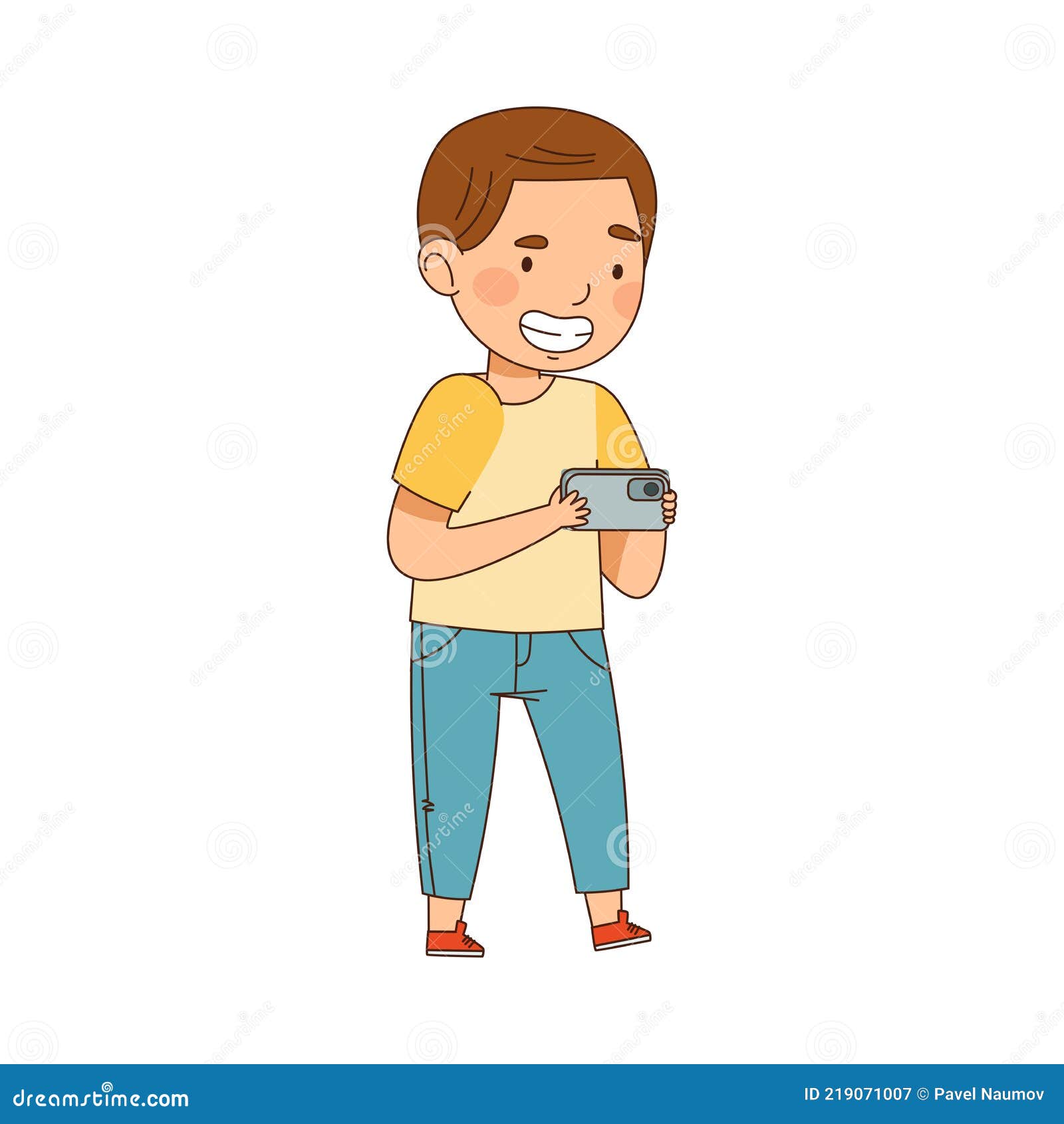 Little Boy with Smartphone Playing and Watching Video Vector ...