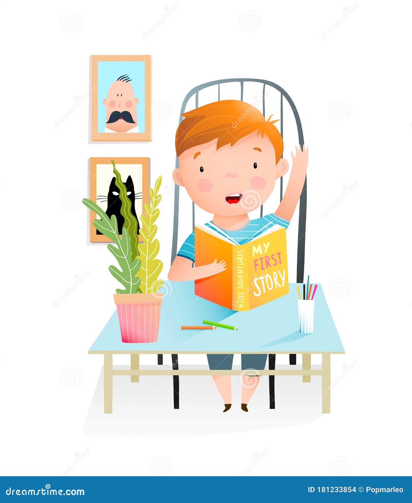 Little Boy Study Read Book Doing Homework at Home or at School in the  Classroom. Schoolboy or Preschooler Sit at Desk Stock Vector - Illustration  of cartoon, happy: 181233854