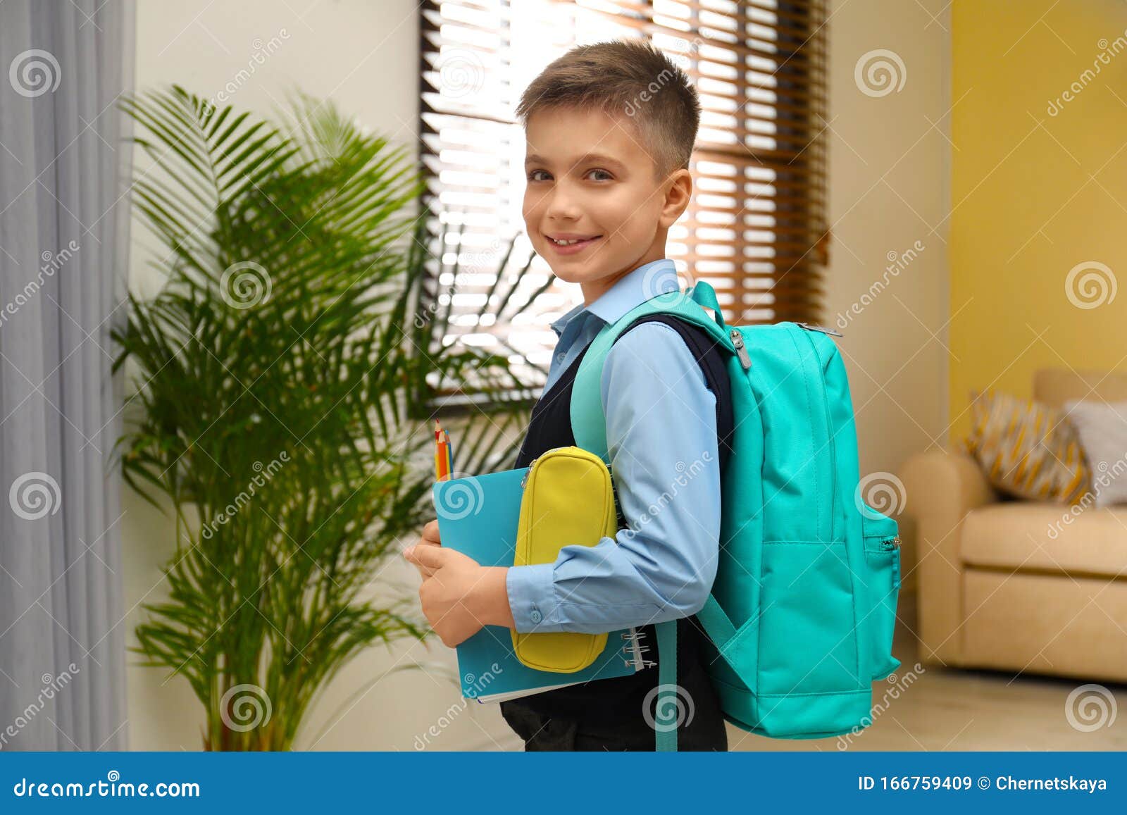 Little Boy in Uniform with School Stationery Stock Image Image of