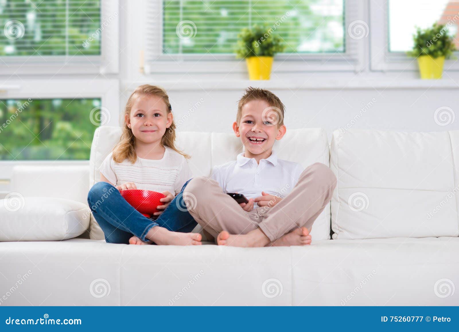Little Brother And Sister Watching Tv Stock Image Image