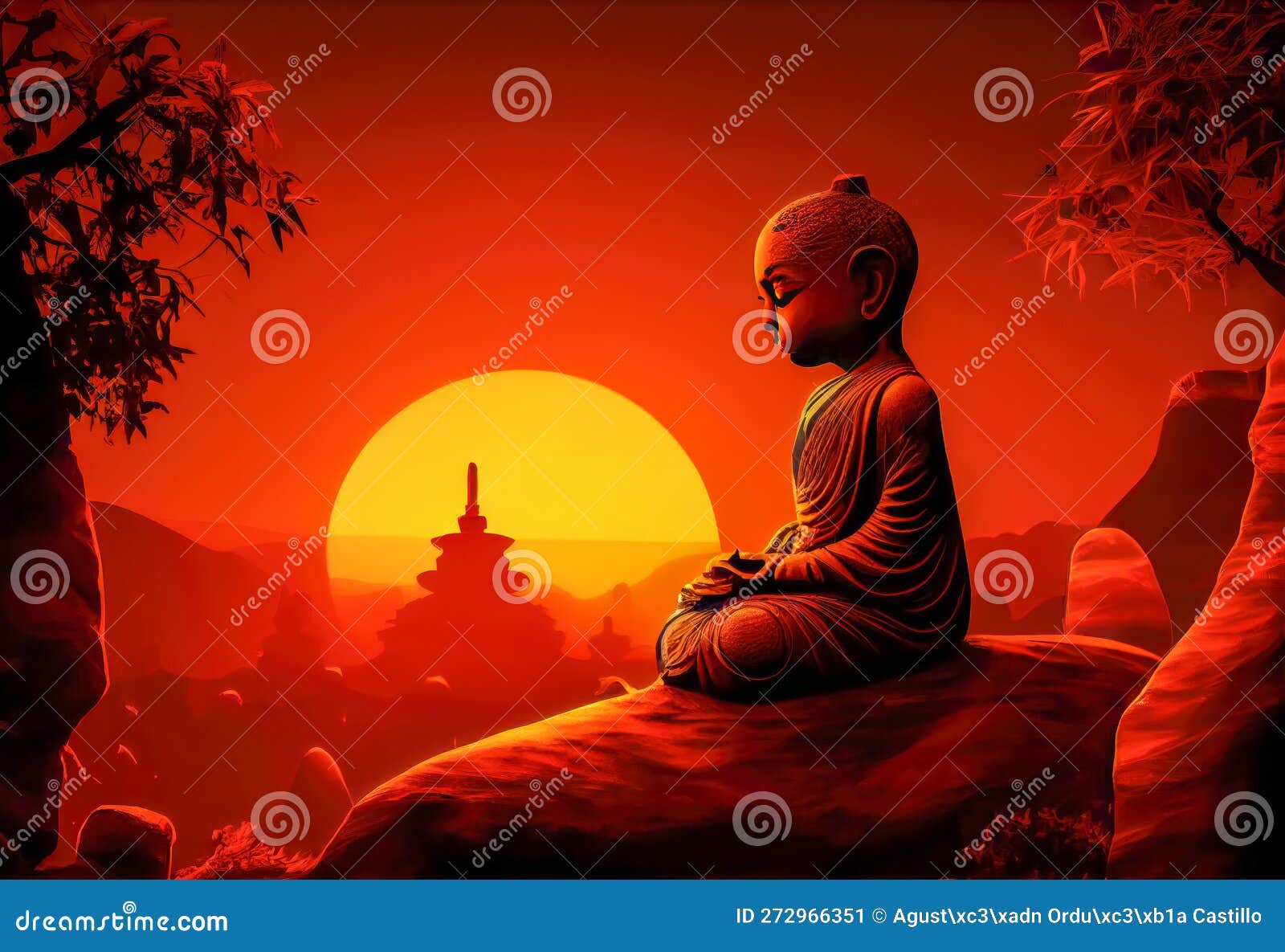 Little Buddha Meditating in the Sunset. Ia Generative. Stock ...
