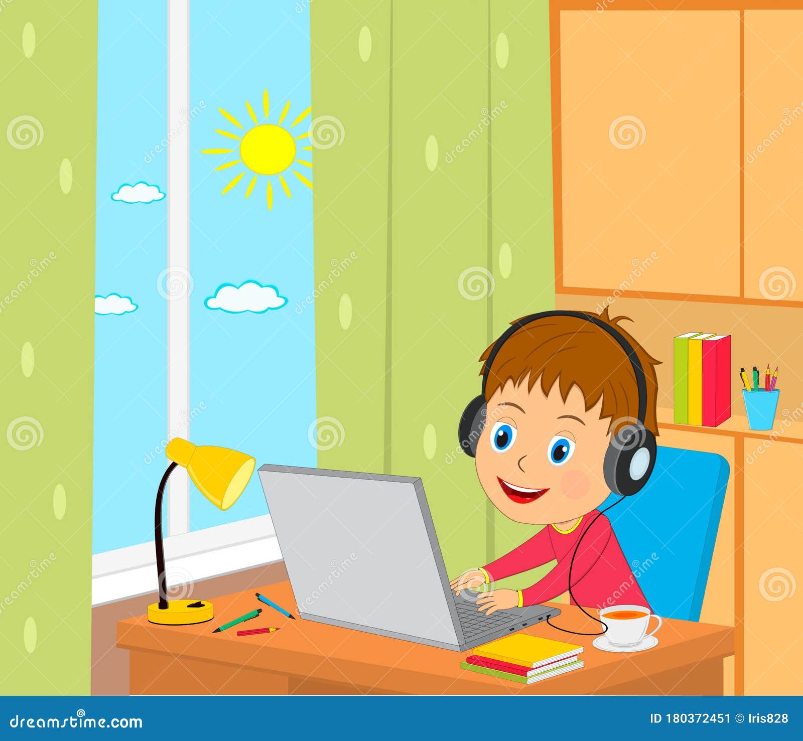 Little Cartoon Boy Sit at the Table with Computer Stock Vector