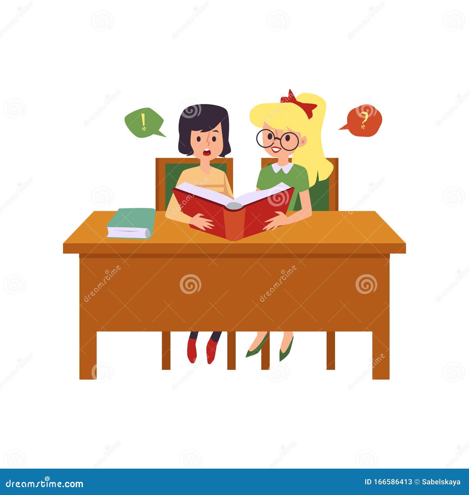 Little Cartoon Girls Sitting at School Desk Reading a Book Stock Vector -  Illustration of help, learn: 166586413